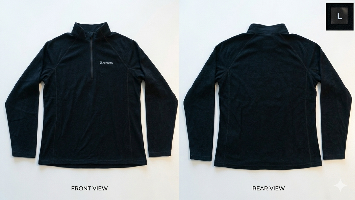 A black long-sleeve quarter-zip pullover shown from both front and back on a white background, with 'FOREGROUND' and 'REAR VIEW' labels below each view. A small 'L' size badge appears in the top right corner.
