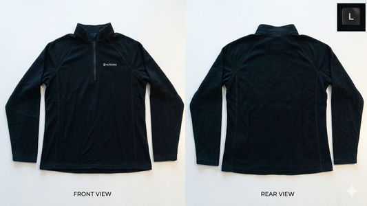 A black long-sleeve quarter-zip pullover shown from both front and back on a white background, with 'FOREGROUND' and 'REAR VIEW' labels below each view. A small 'L' size badge appears in the top right corner.