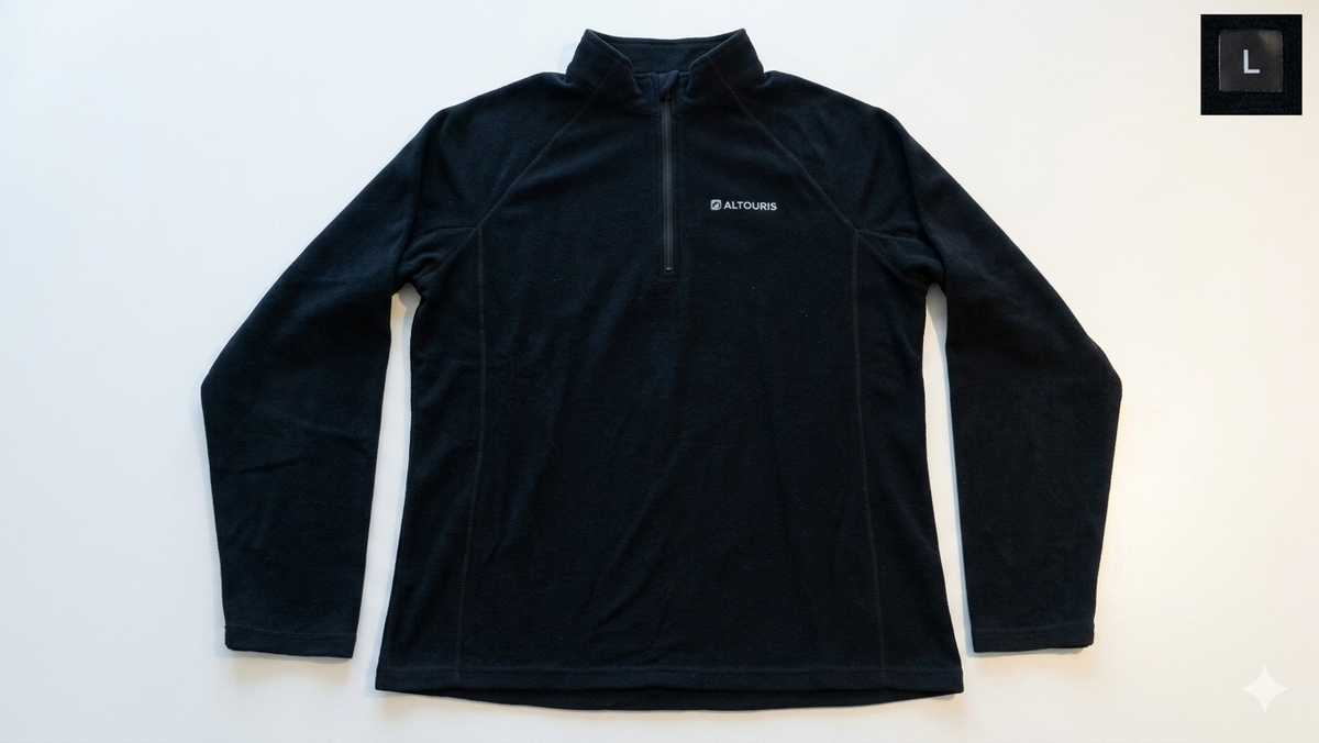 A black long-sleeve quarter-zip pullover top with a small white ALTOURIS logo on the left chest, laid flat on a white background.