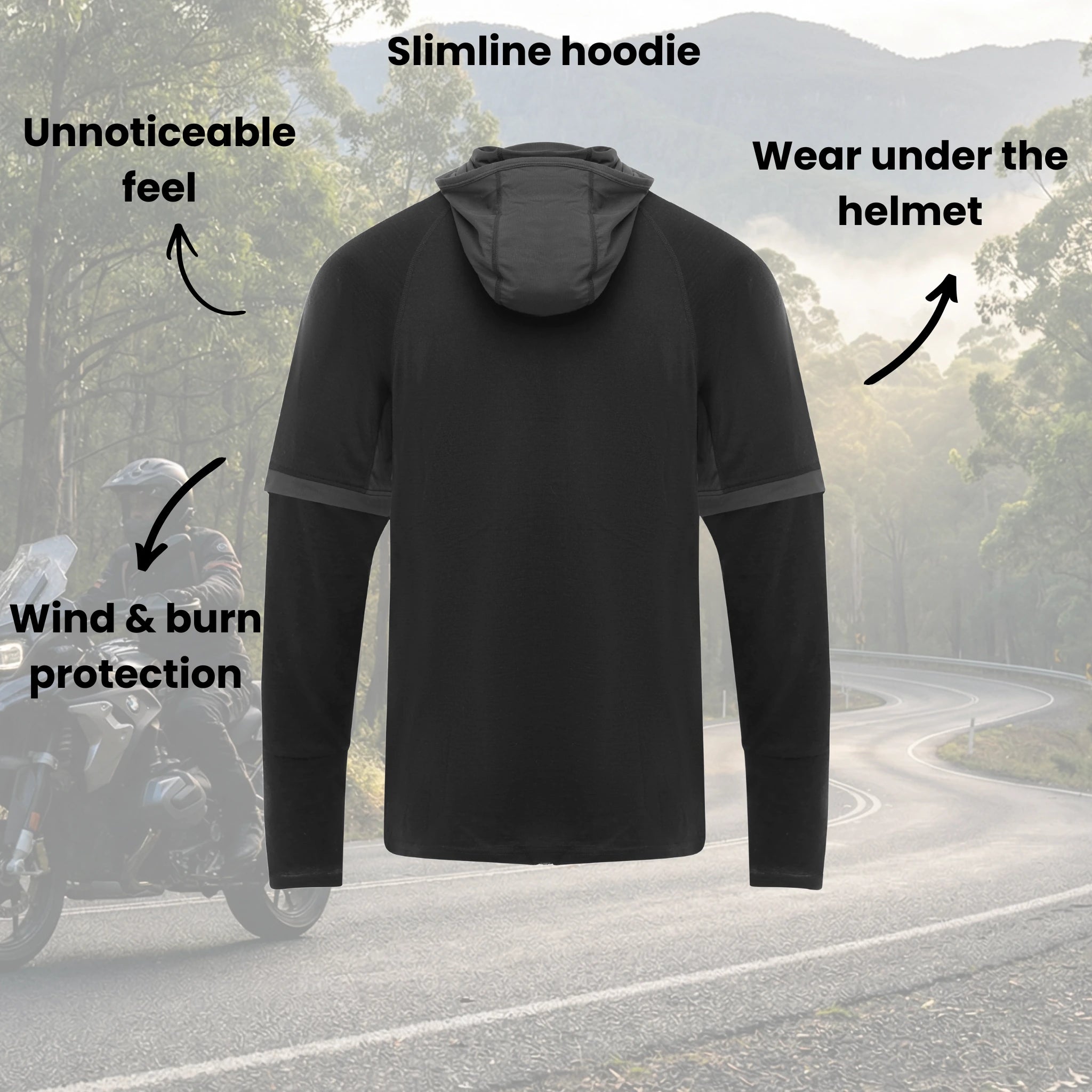 Black Altouris merino motorcycle technical base layer with benefits bubbles