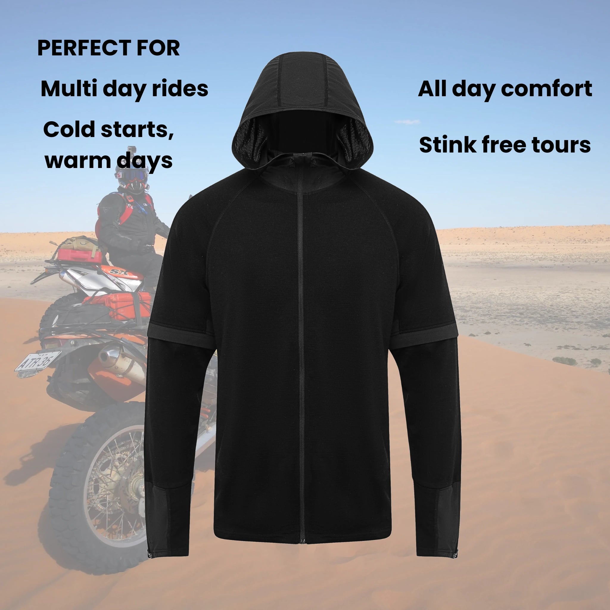 Black merino baselayer with a blurred background of a desert scene and motorcycle.